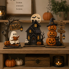 ๐ 3-Pcs Halloween Spooky Table Statues โ Ghost, Pumpkin & Black Cat