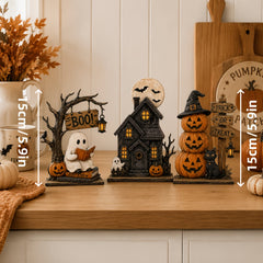 ๐ 3-Pcs Halloween Spooky Table Statues โ Ghost, Pumpkin & Black Cat