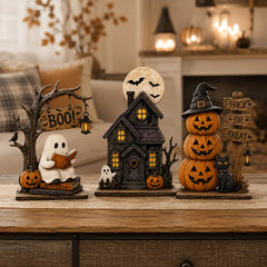 ๐ 3-Pcs Halloween Spooky Table Statues โ Ghost, Pumpkin & Black Cat