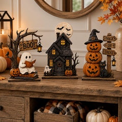 ๐ 3-Pcs Halloween Spooky Table Statues โ Ghost, Pumpkin & Black Cat