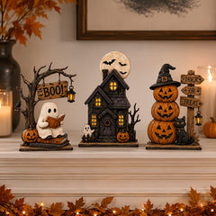 🎃 3-Pcs Halloween Spooky Table Statues – Ghost, Pumpkin & Black Cat